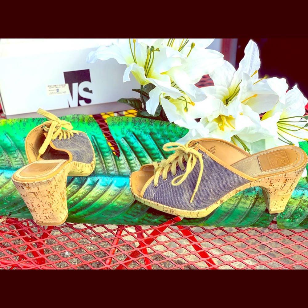 Cork heeled slip on’s.